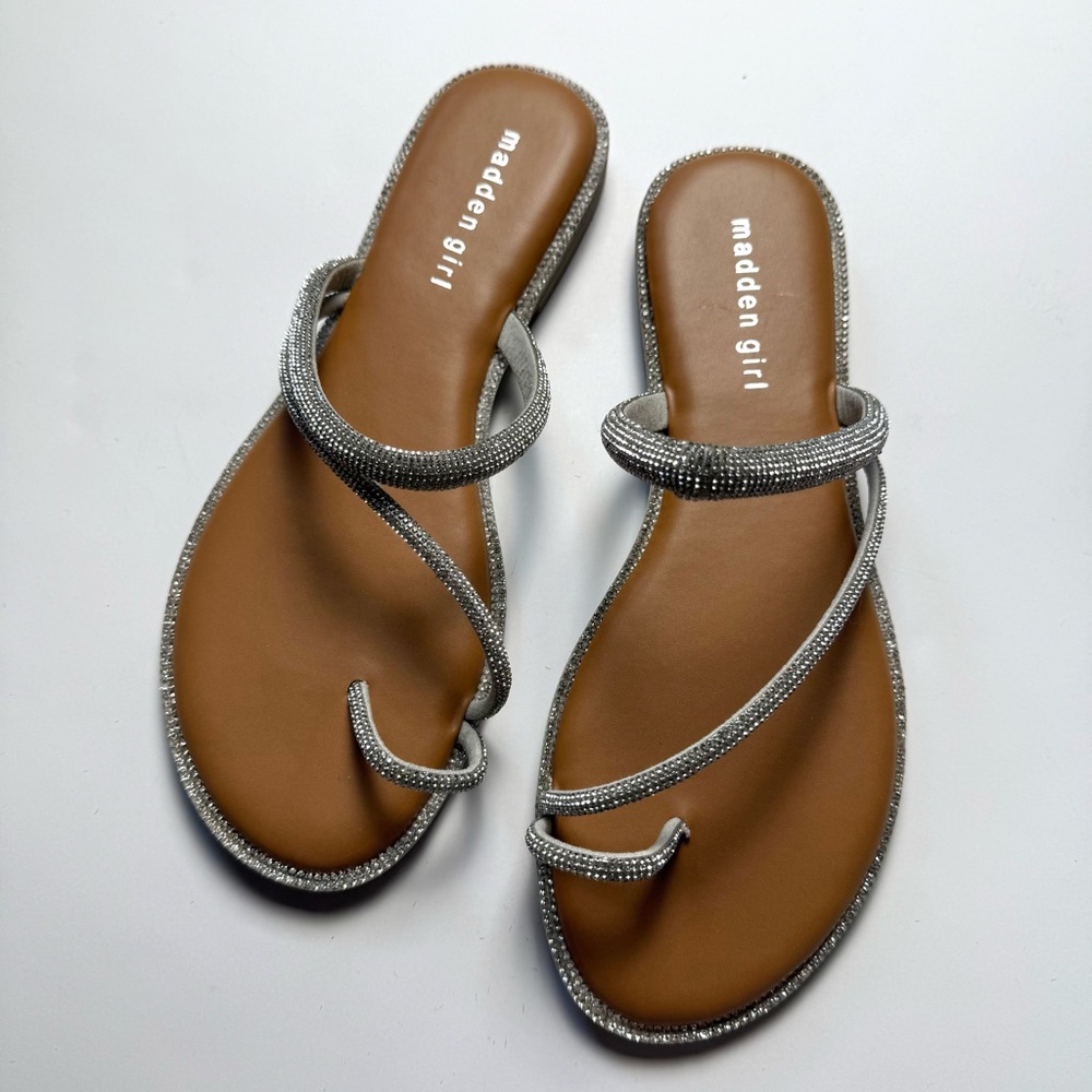 Madden Girl Silver Rhinestone and Nude Strappy Sandals Size 7.5